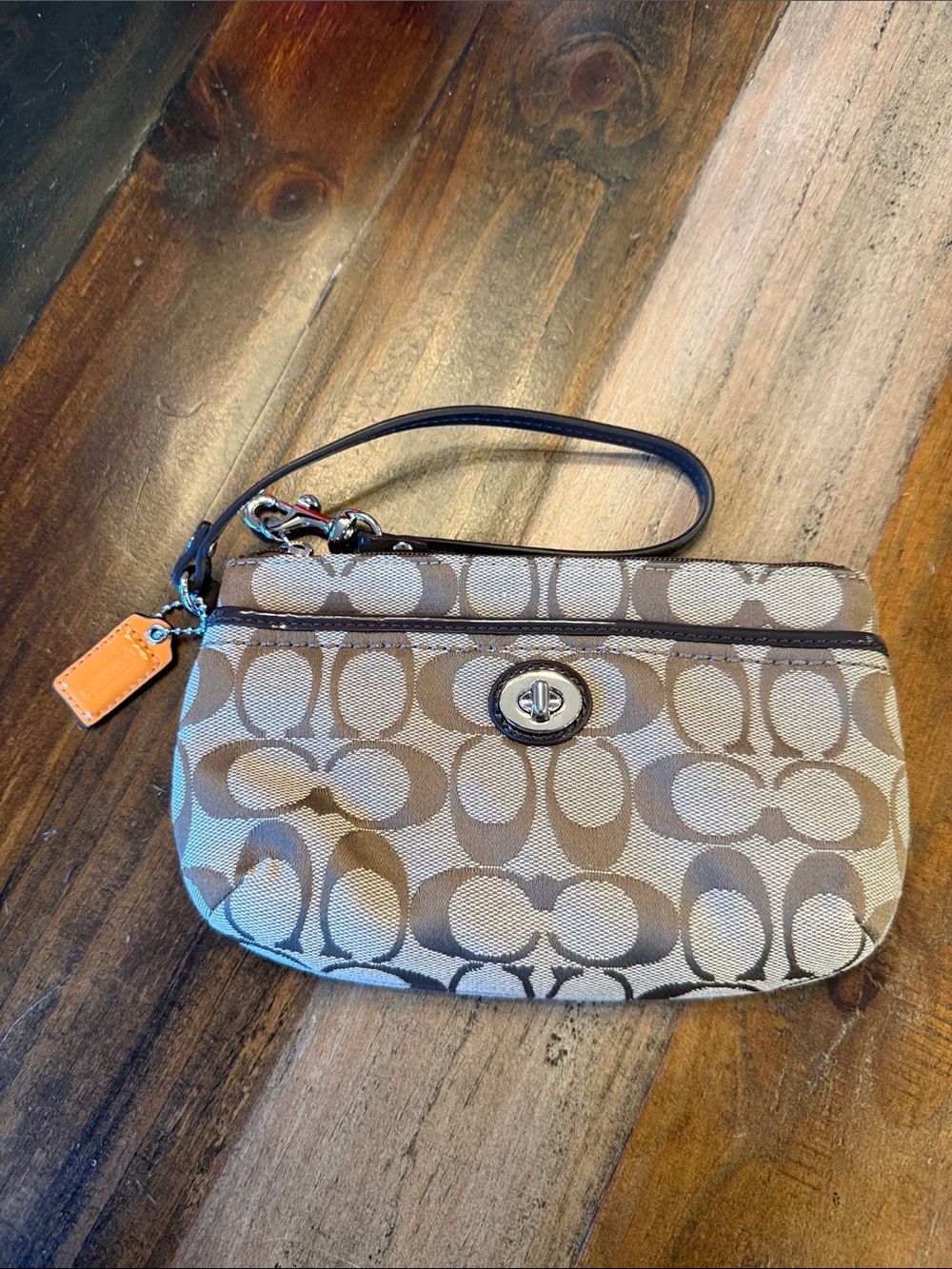 Coach Brown Signature Canvas Wristlet with Turn-Lock. NWOT